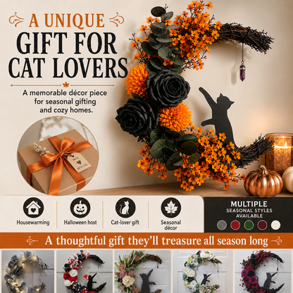🔥Last Day 50% OFF - Handmade Halloween Cat Wreath🐈‍⬛🌙