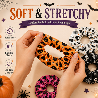 🎃 Hand-Illustrated Halloween Scrunchie Collection (6pc, Limited Batch)
