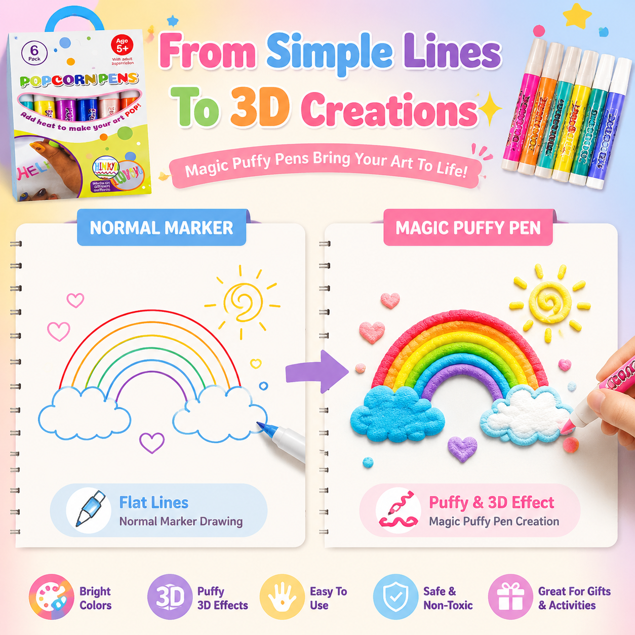 🔥HOT SALE 50% OFF🎁 Magic Puffy Pens for Kids – ✨3D Creative Drawing Art Set