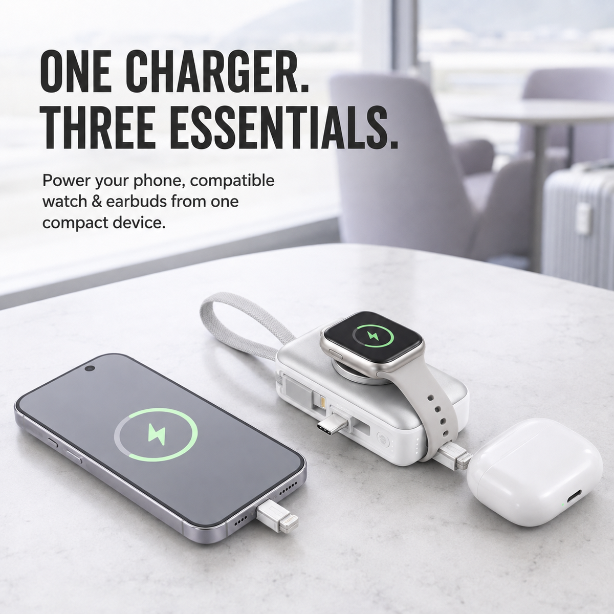 🔋 3-in-1 Mini Power Bank – Phone Charger, Watch Charger & Foldable Stand