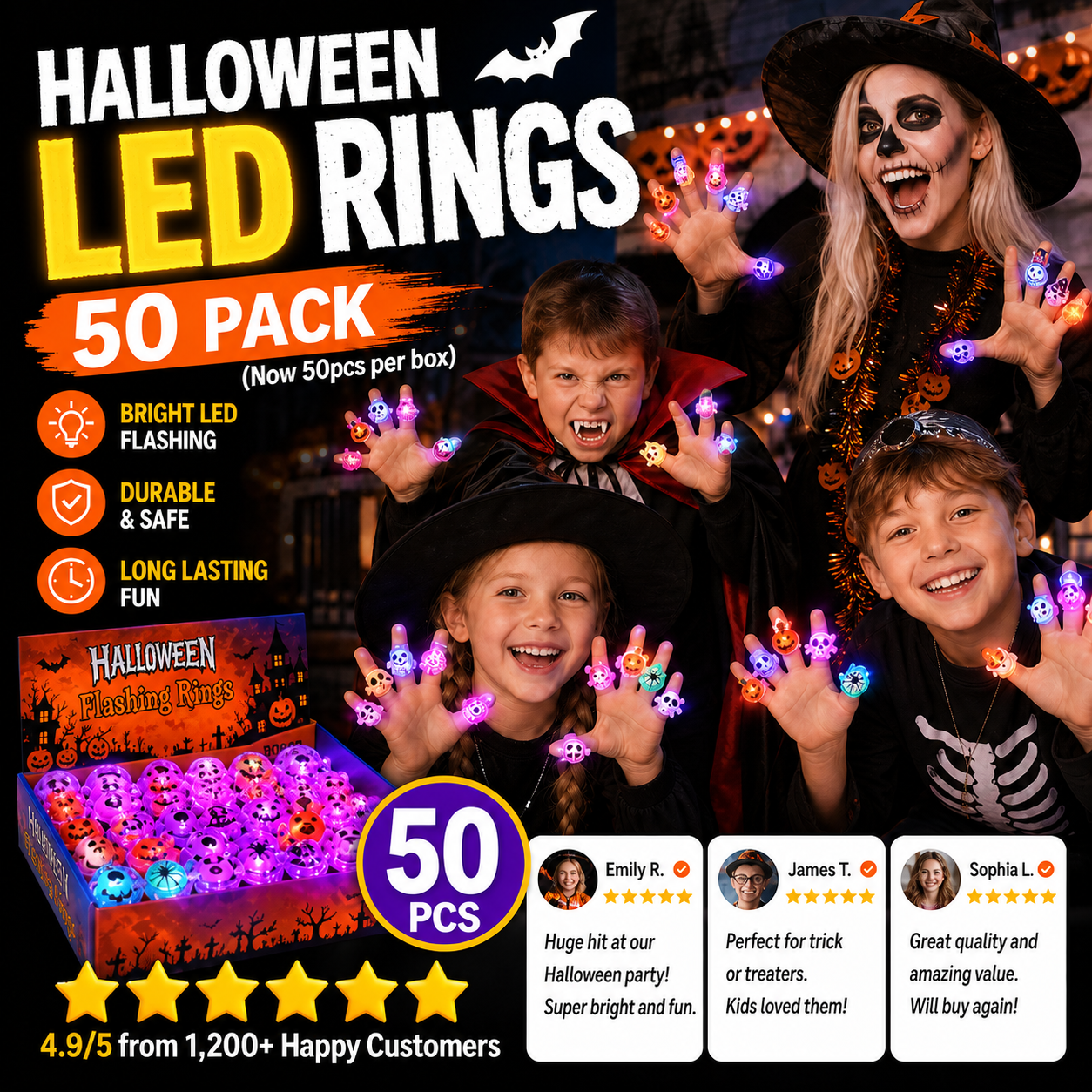 🔥🎃50 Pieces Each Box‼️✨LED Light Halloween Glowing Ring 💍| Flashing Light‑Up Party Favor for Halloween Night👻