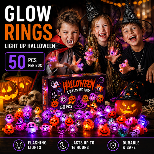 🔥🎃50 Pieces Each Box‼️✨LED Light Halloween Glowing Ring 💍| Flashing Light‑Up Party Favor for Halloween Night👻