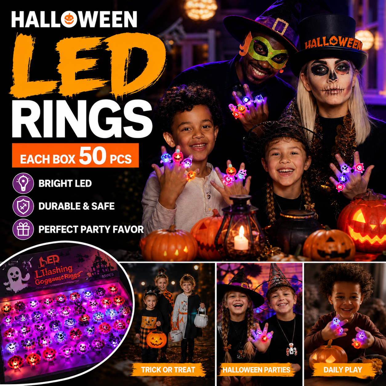 🔥🎃50 Pieces Each Box‼️✨LED Light Halloween Glowing Ring 💍| Flashing Light‑Up Party Favor for Halloween Night👻