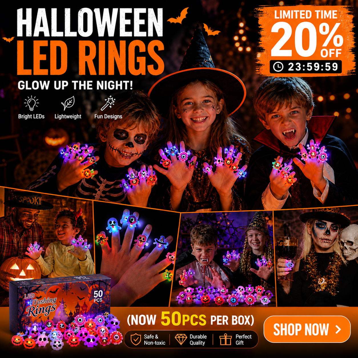 🔥🎃50 Pieces Each Box‼️✨LED Light Halloween Glowing Ring 💍| Flashing Light‑Up Party Favor for Halloween Night👻
