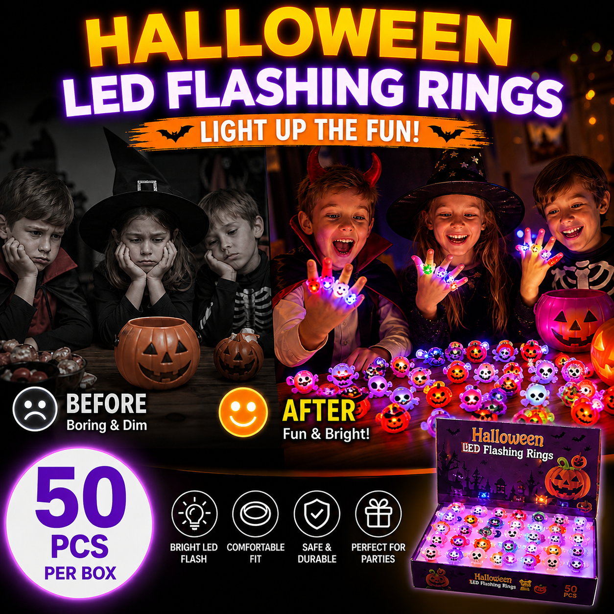 🔥🎃50 Pieces Each Box‼️✨LED Light Halloween Glowing Ring 💍| Flashing Light‑Up Party Favor for Halloween Night👻