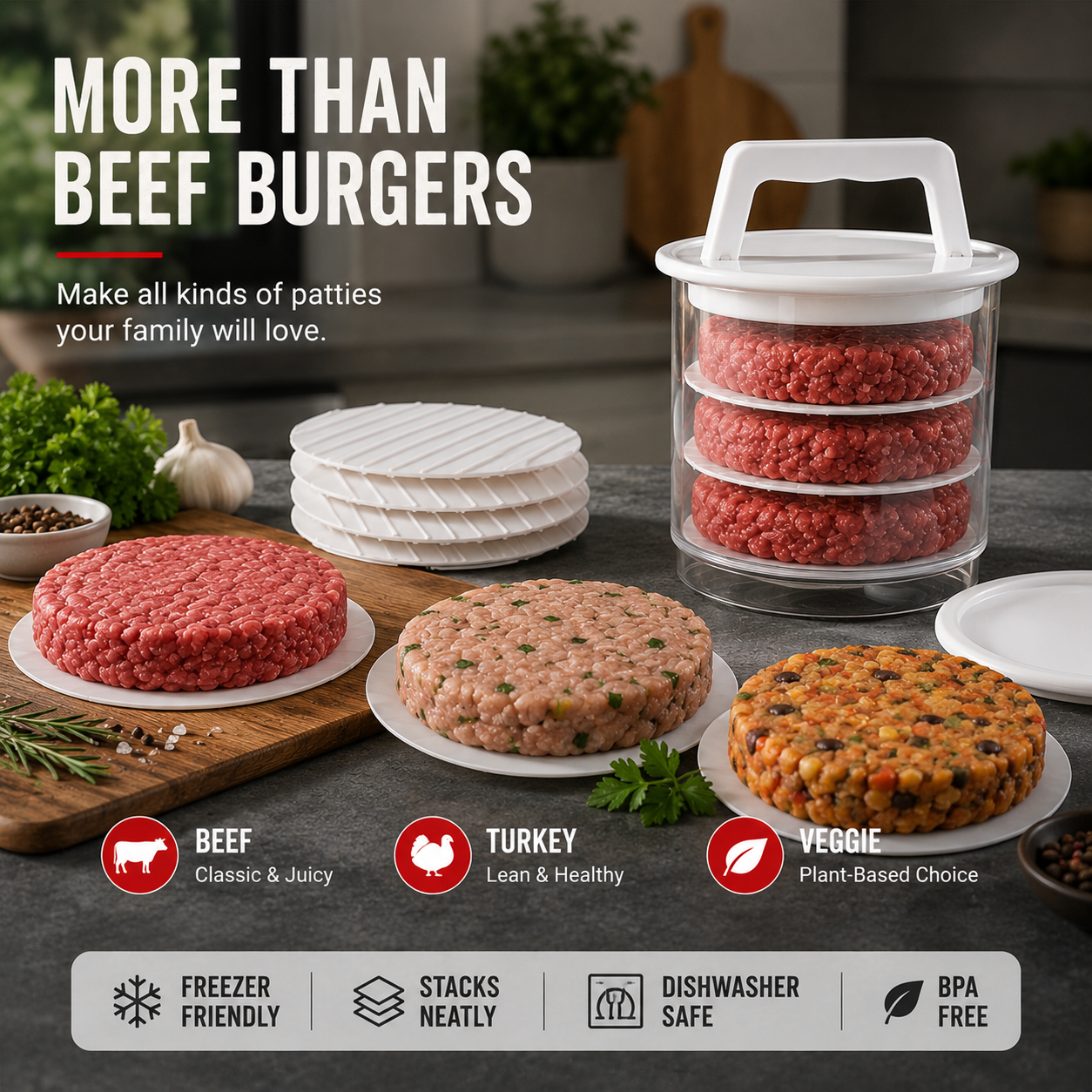 Non-Stick Burger Mold Shaper with Freezer Storage Container - 12-Piece Set with 8-Layer Plastic Discs