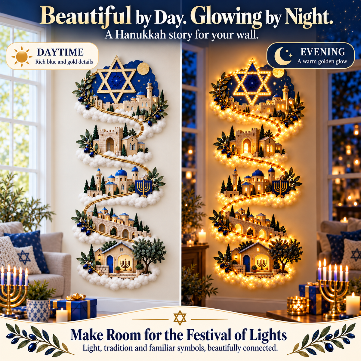 🔥🎁🕎 Hanukkah Festival of Lights Wall Decor Collection – 4 Glowing Designs Celebrating Eight Nights of Light ✨