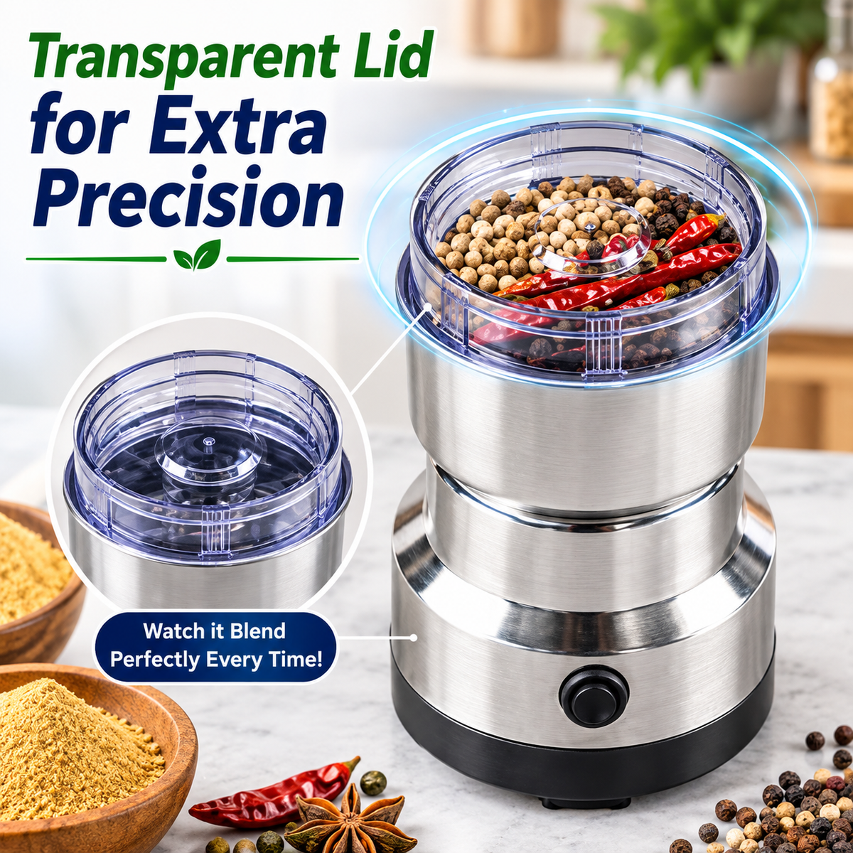 ✨Mini Stainless Steel Spice Coffee Grinder, One Touch Multi-Function Dry Grain Powder Mill