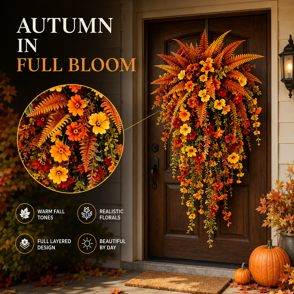 🍂 Artificial Fall Harvest Hanging Basket – Rustic Autumn Porch & Door Decor