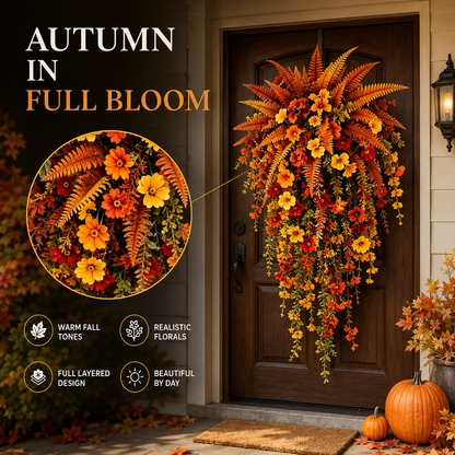 🍂 Artificial Fall Harvest Hanging Basket – Rustic Autumn Porch & Door Decor
