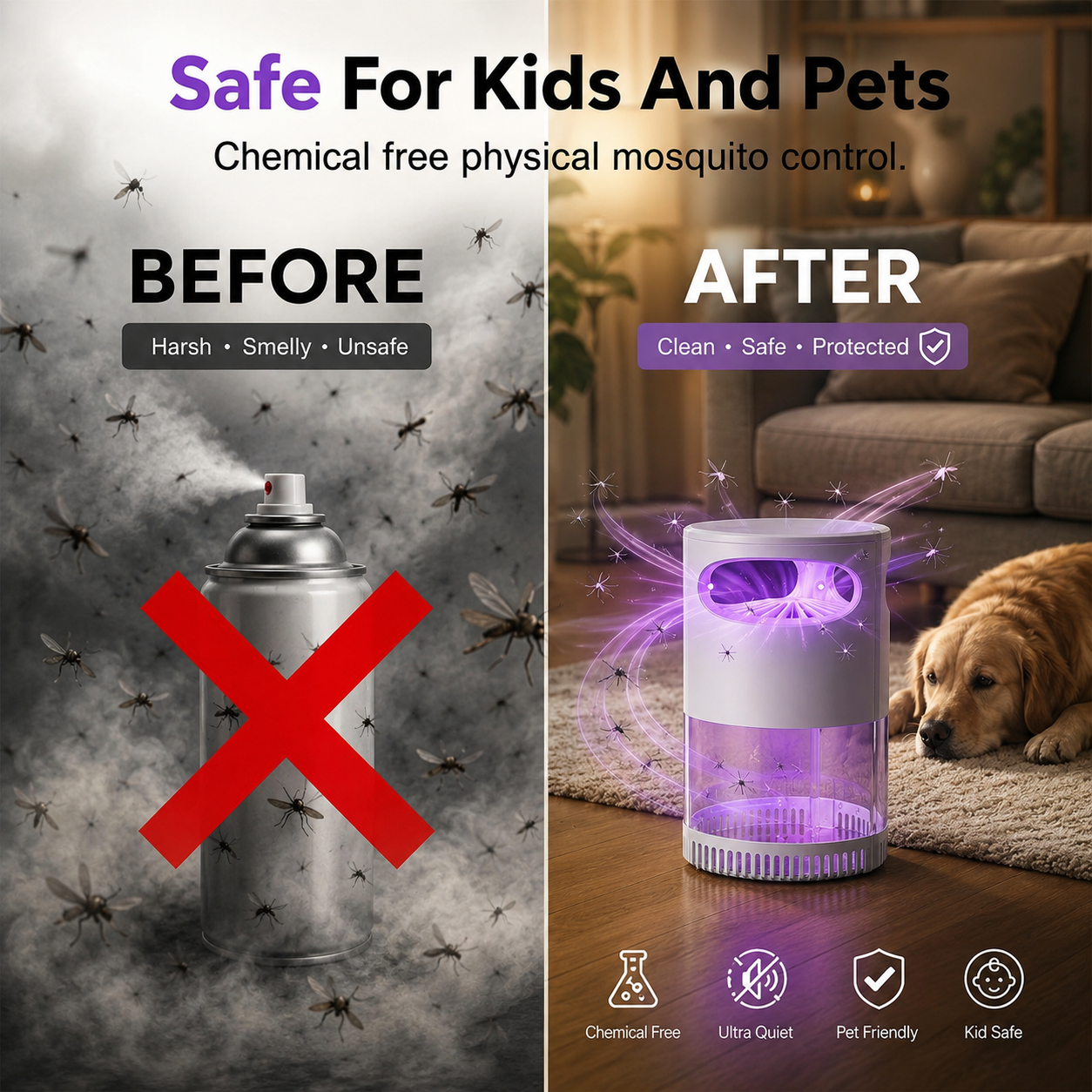 🚫No More Mosquito At Night🌙Quiet UV Mosquito Trap – Chemical-Free & Safe for Kids & Pets🦟