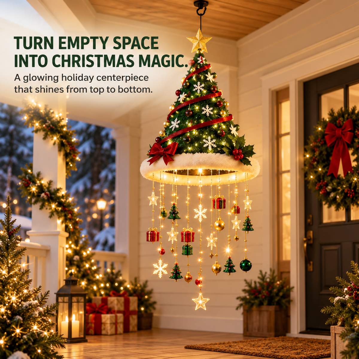 🎄 Lighted Christmas Hanging Chandelier – Tree & Santa Hat Holiday Décor