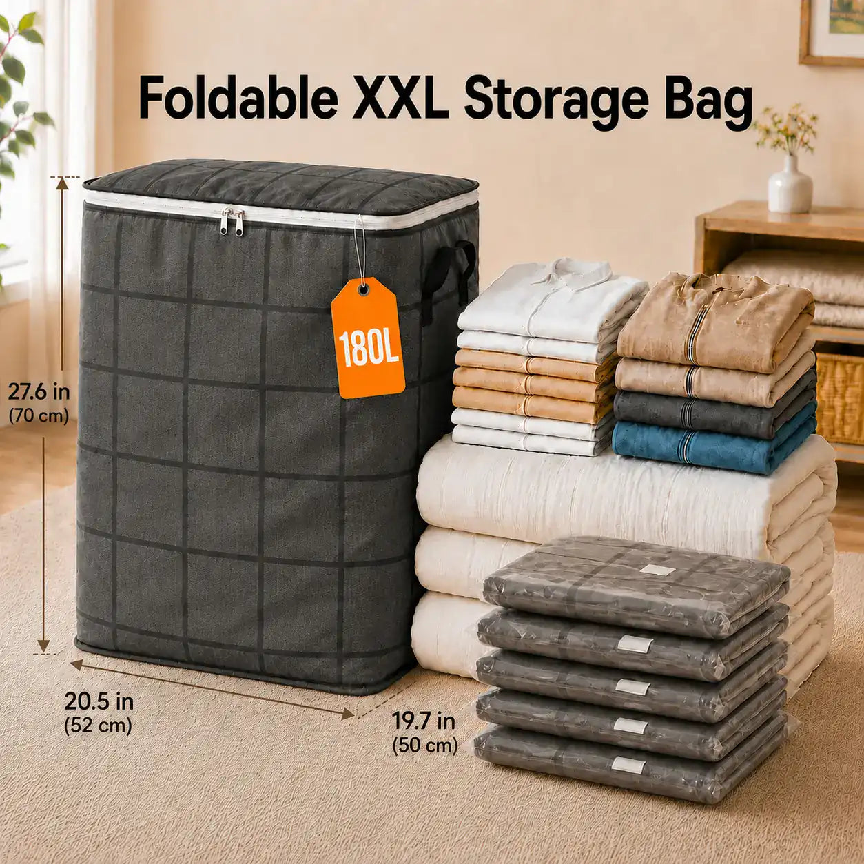 180L foldable XXL storage bag beside folded bedding