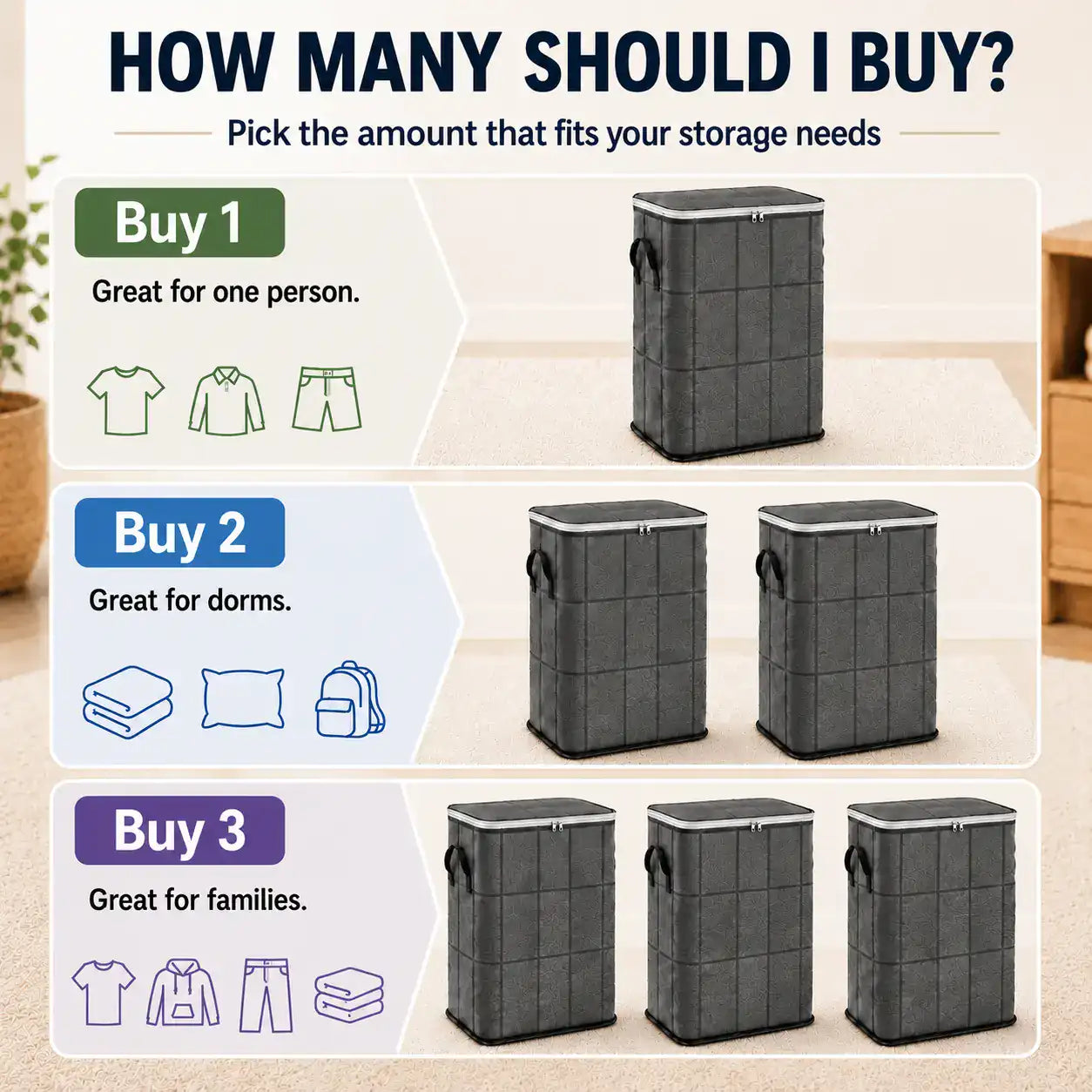 Guide showing one, two, or three XXL storage bags for different storage needs