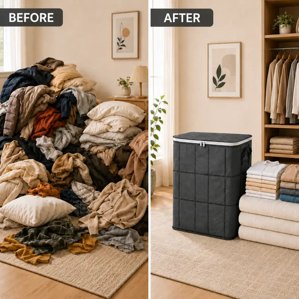 Before and after room organization with an XXL storage bag