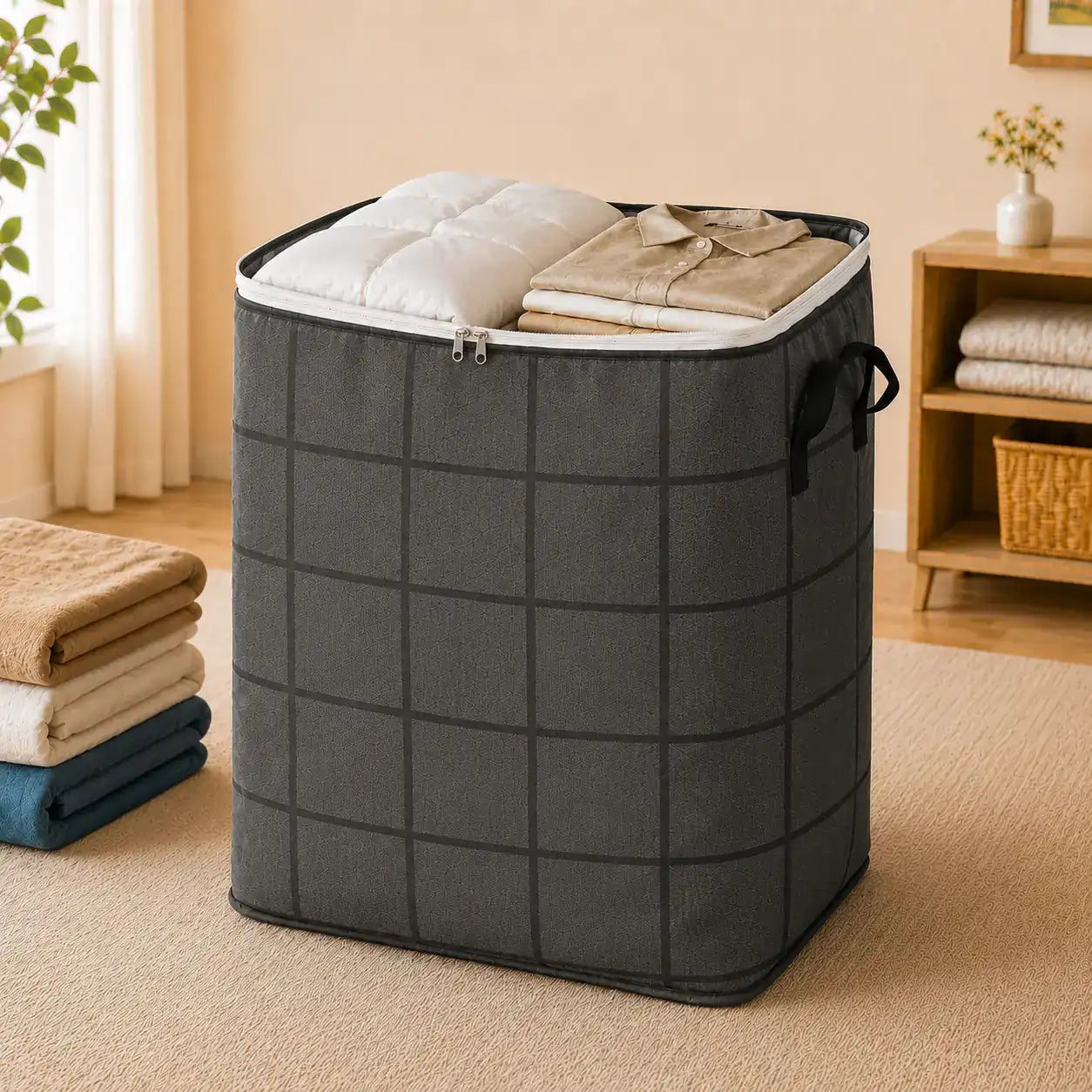 XXL storage bag filled with bedding and folded clothes