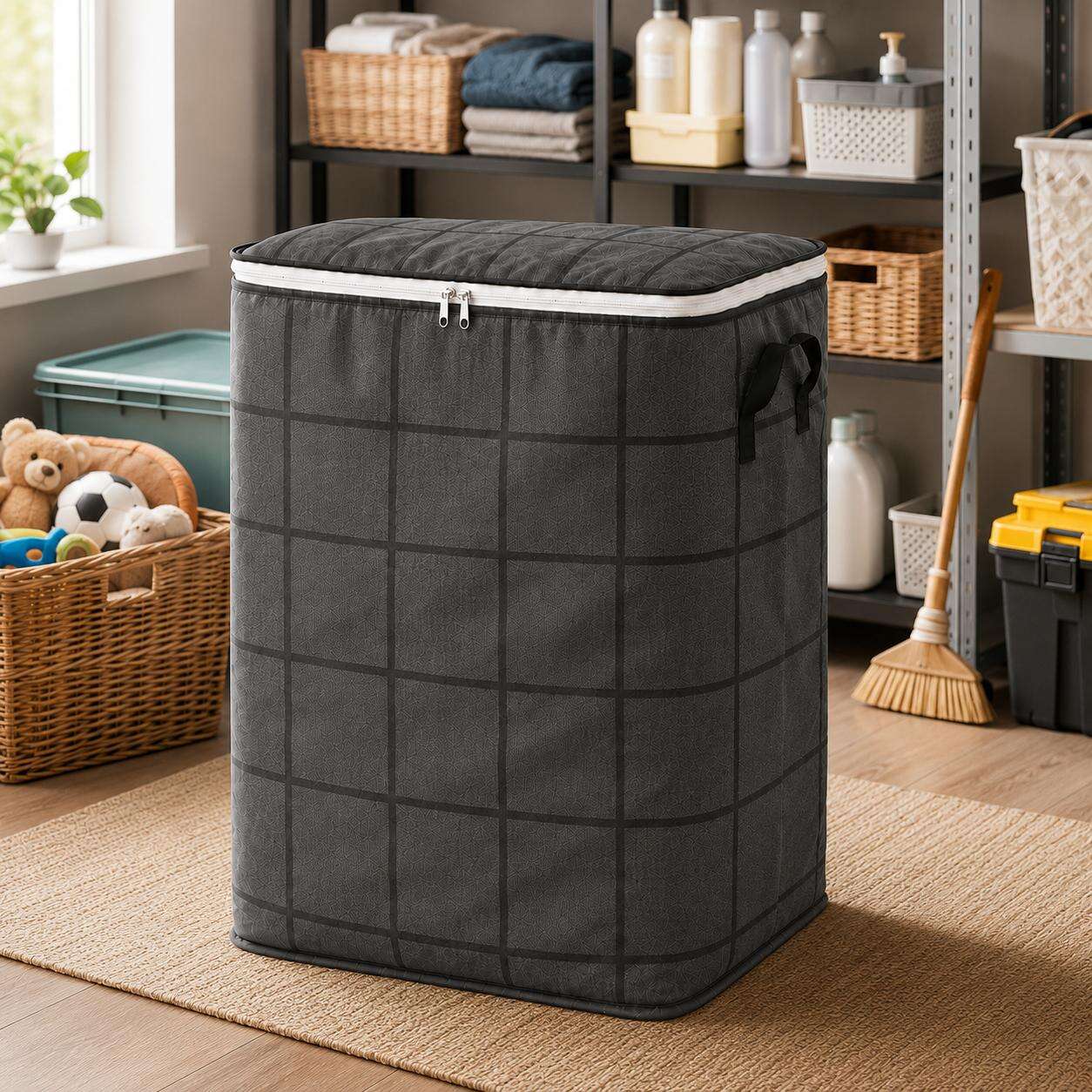 Foldable XXL storage bag organized in a warm home storage room