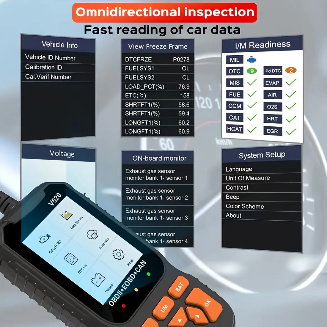 V520 vehicle information freeze frame and I M readiness screens