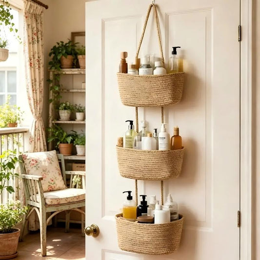 🧺3-Tier Woven Hanging Basket Organizer – Space-Saving Wall Storage for Any Room