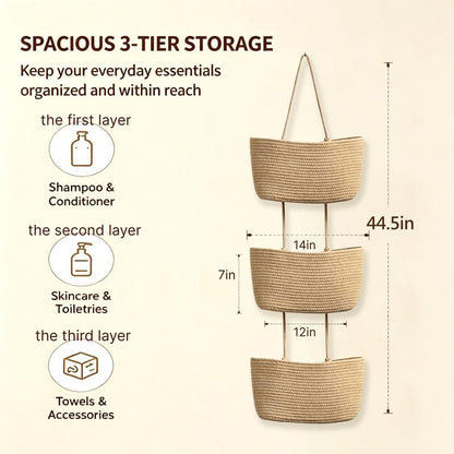 🧺3-Tier Woven Hanging Basket Organizer – Space-Saving Wall Storage for Any Room
