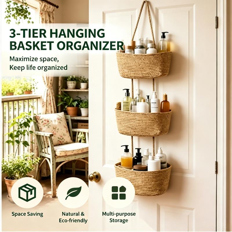 🧺3-Tier Woven Hanging Basket Organizer – Space-Saving Wall Storage for Any Room