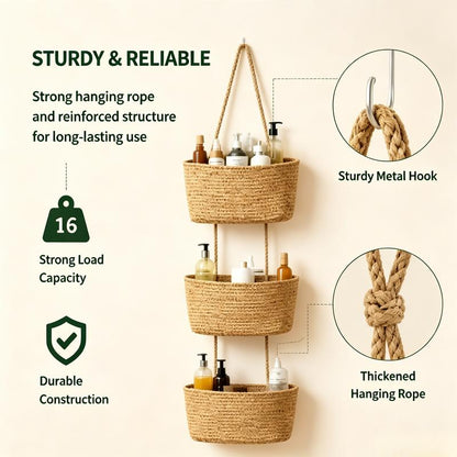 🧺3-Tier Woven Hanging Basket Organizer – Space-Saving Wall Storage for Any Room