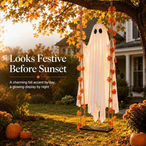⏳Limited Offer⏰- Halloween Outdoor 3.7FT Pre-Assembled Swing Ghost with Remote Lights Spooky Hanging Ghosts for Porch Yard Tree Party