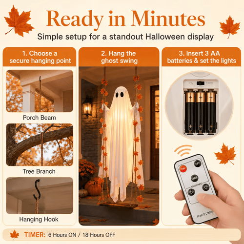 ⏳Limited Offer⏰- Halloween Outdoor 3.7FT Pre-Assembled Swing Ghost with Remote Lights Spooky Hanging Ghosts for Porch Yard Tree Party