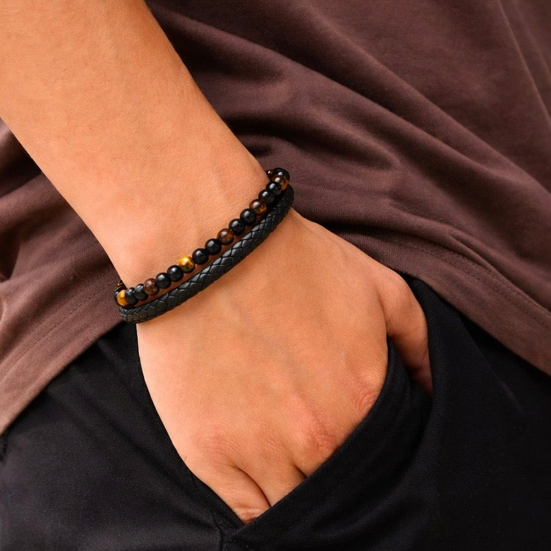 🎁A tiger's eye leather bracelet as a gift: a loving reminder (customizable with engraving, perfect for your loved one).🧡