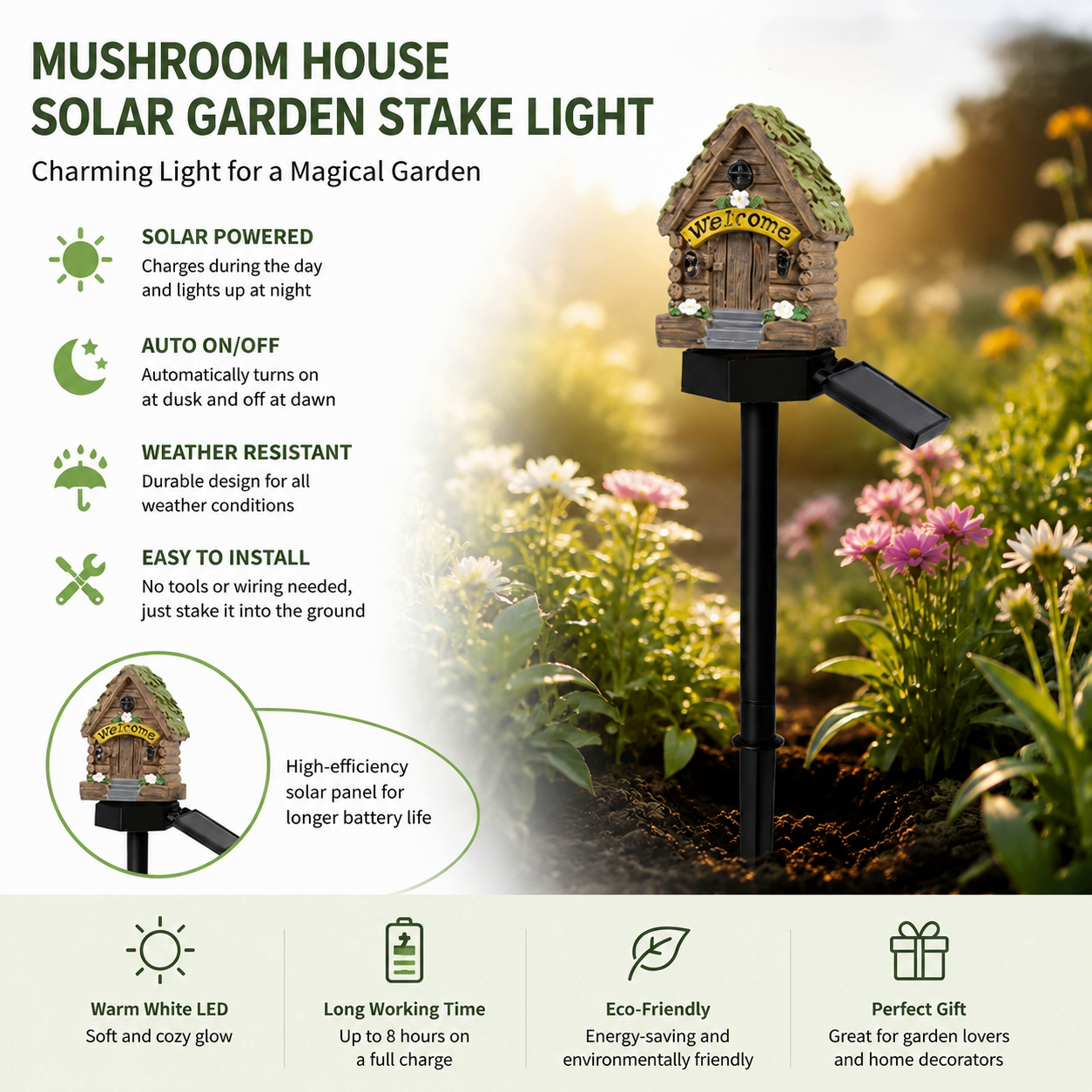 ✨ Solar Mushroom Cottage Garden Light – Warm Fairy-Tale Glow for Flower Beds