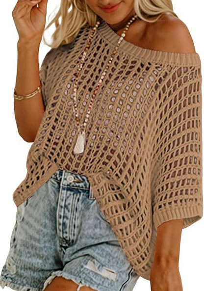 Short Sleeve Crochet Sweater Lightweight Summer Tops Loose Hollow Out Crewneck Pullover