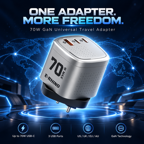Global Travel Charger (70W, 3-Port, GaN, Integrated Rotary Plug)
