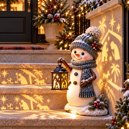 ⛄️🎄Snowman Nativity Glow – Solar Christmas Step Light with Holy Family Projection