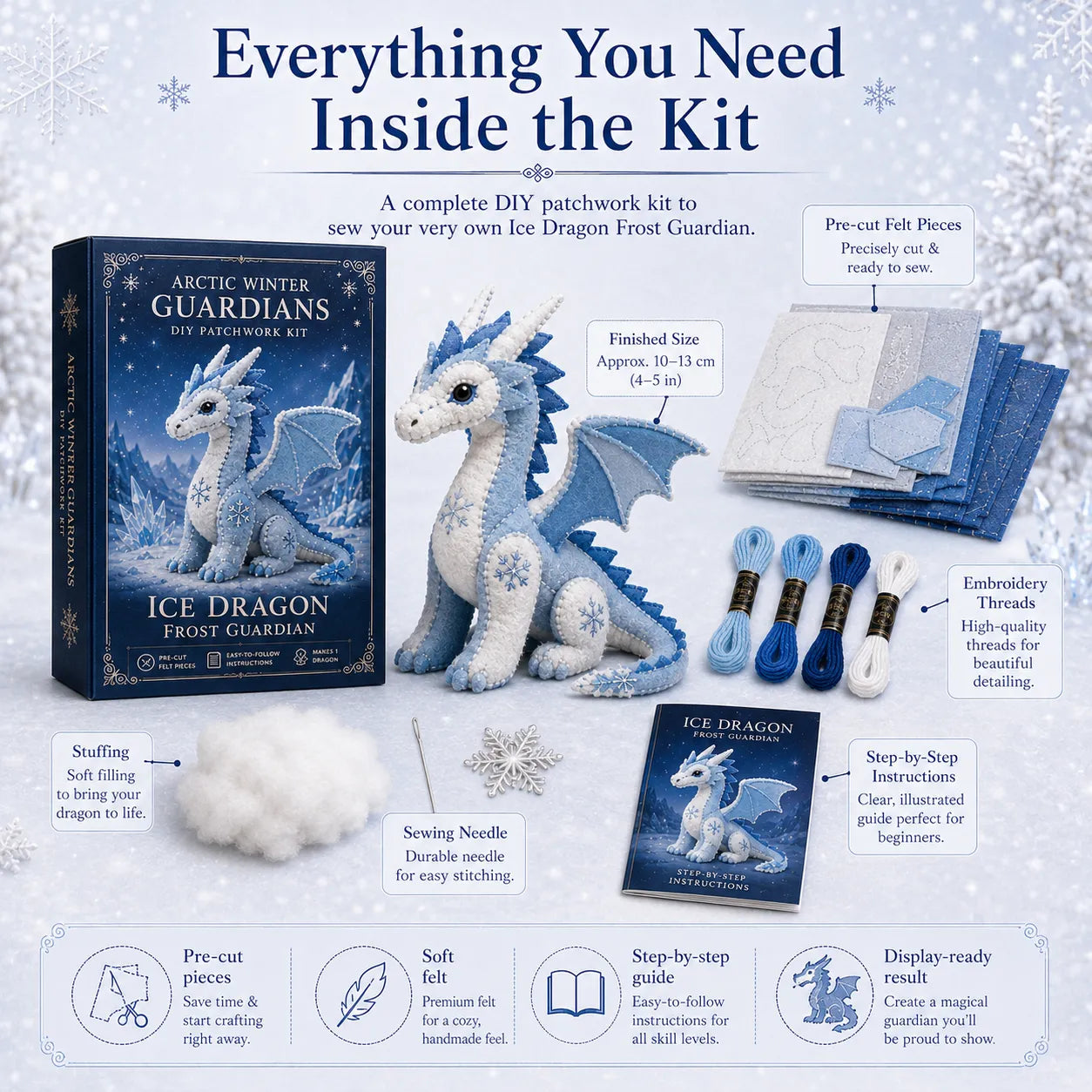 ❄️DIY Ice Dragon Felt Patchwork Kit Arctic Winter Guardian Sewing Set