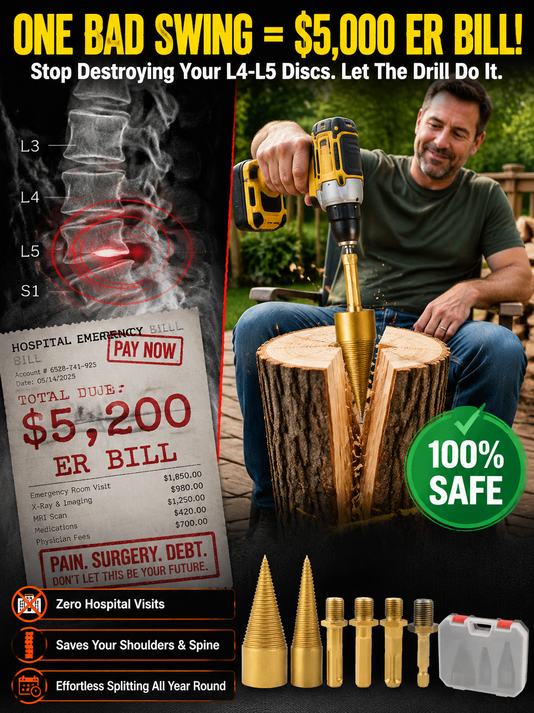 🪓 Titanium Wood Splitter | 6-Piece Drill Bit Set | Titanium Coated | Safe Axe Alternative | Protect Your Back⚡️