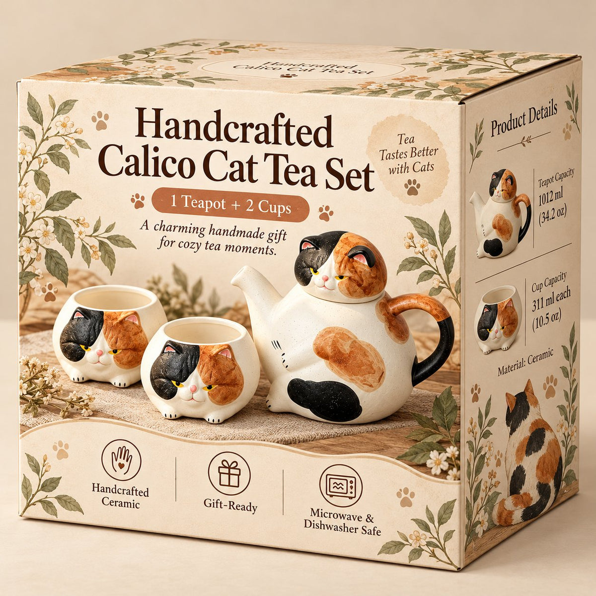 Handcrafted Calico Cat Teapot & Cup Set