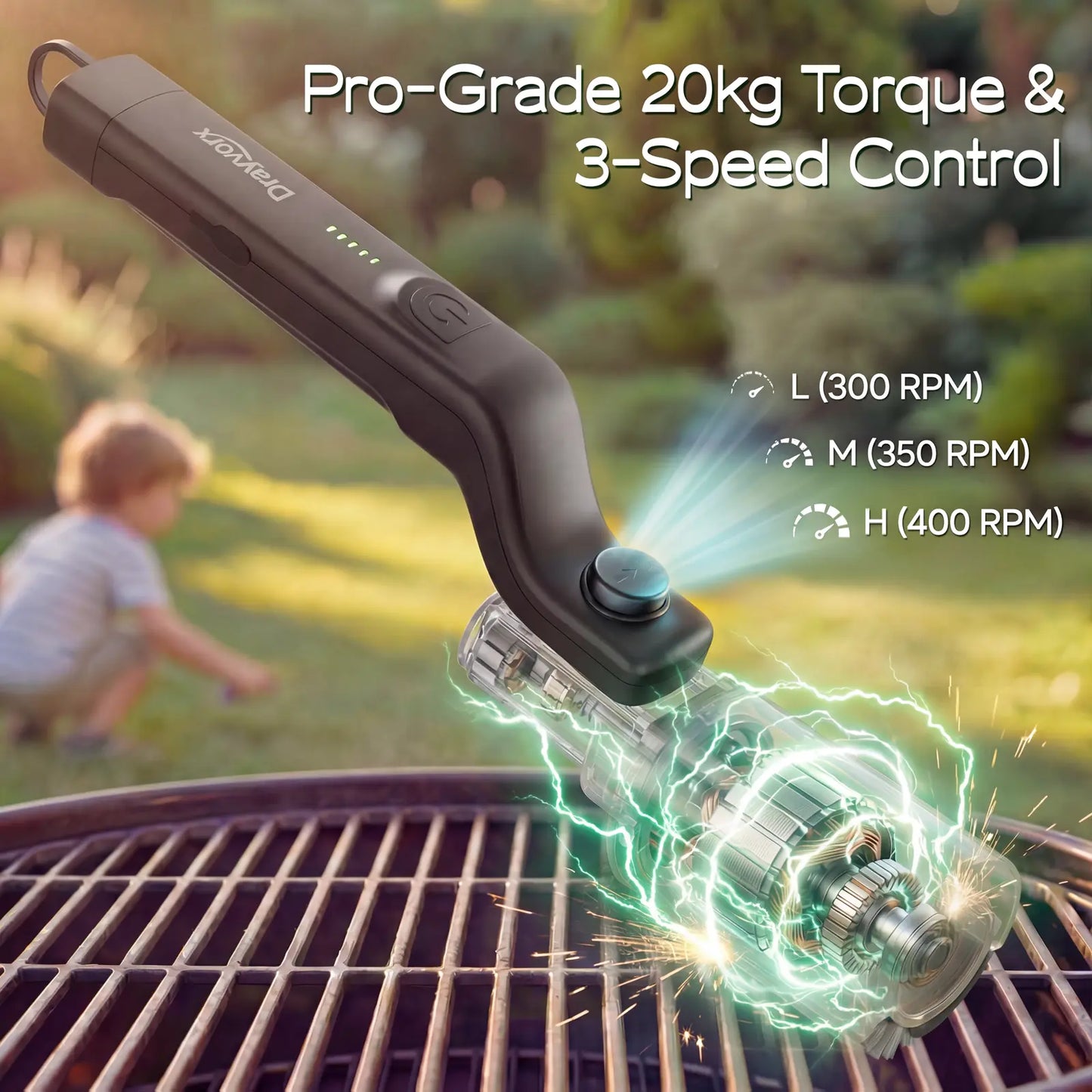 Drayvorx 2-in-1 Cordless Electric Grill Brush, Spin Scrubber with 3-Speed Motor for BBQ Cleaning