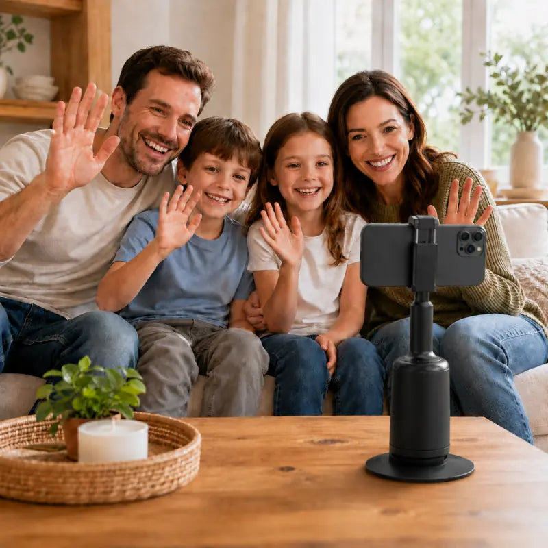 Family enjoying a hands-free video call with an AI phone stand