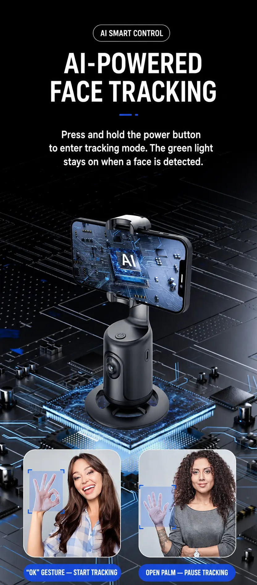 English guide showing how to activate AI face tracking and use OK and open-palm gestures