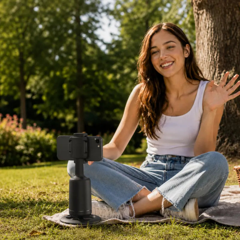 Creator recording outdoors with an AI face-tracking phone stand