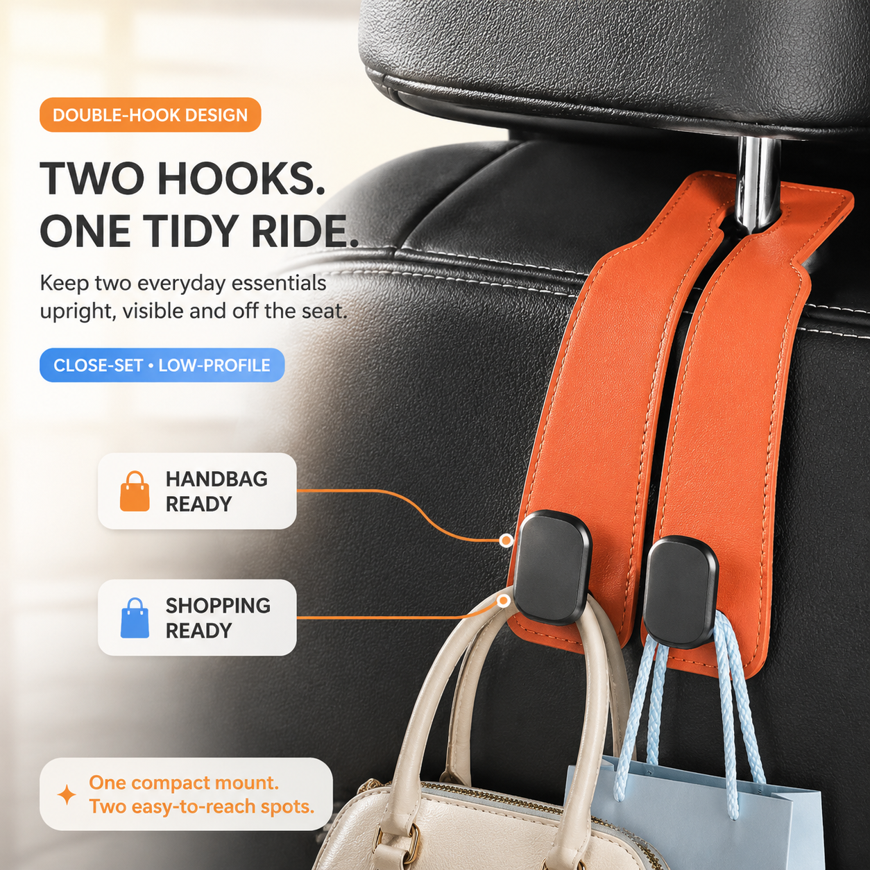 🚗Foldable Dual-Hook Car Headrest Organizer & Phone Holder