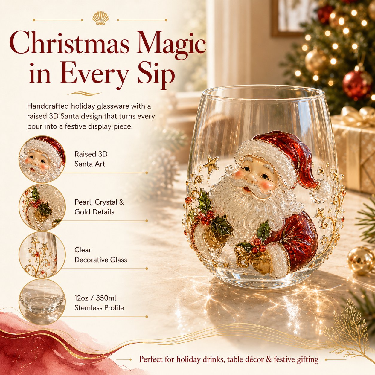🎄✨ 3D Christmas Glass Art Cup | Luxury Raised Holiday Glassware for Drinks, Decor & Christmas Gifts 🎁