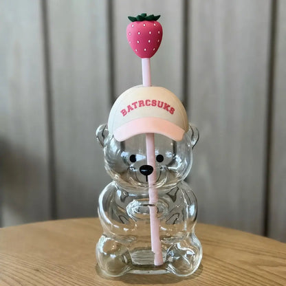 Cute Teddy Bear Glass Tumbler with Strawberry Straw – 20oz Reusable Iced Coffee Cup
