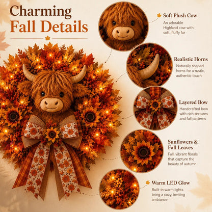 🍂🐮Autumn Highland cow wreath decoration with lights