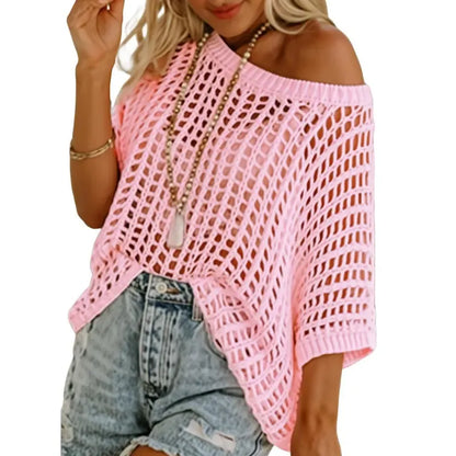 Short Sleeve Crochet Sweater Lightweight Summer Tops Loose Hollow Out Crewneck Pullover