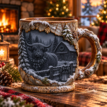 🐮✨ Highland Cow Christmas Magic Mug – Heat-Changing Winter Farmhouse Scene ❄️☕