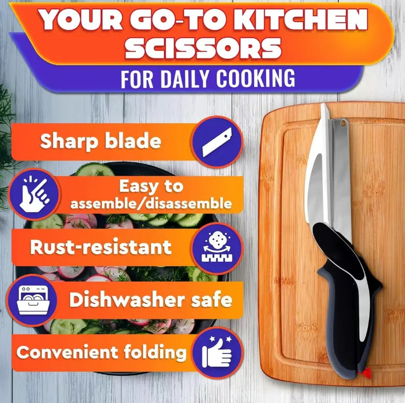 2-in-1 Kitchen Scissors with Cutting Board – Stainless Steel Food Cutter for Meat, Vegetables, Fruit & Cheese