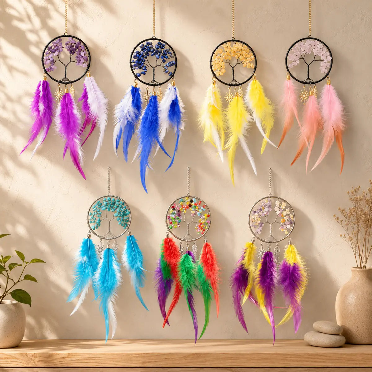 Complete Collection showing all seven Crystal Tree of Life feather hanging styles