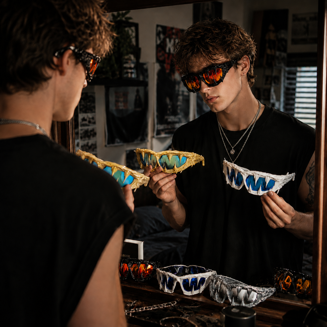 Person seeing a stronger cyberpunk identity in the mirror