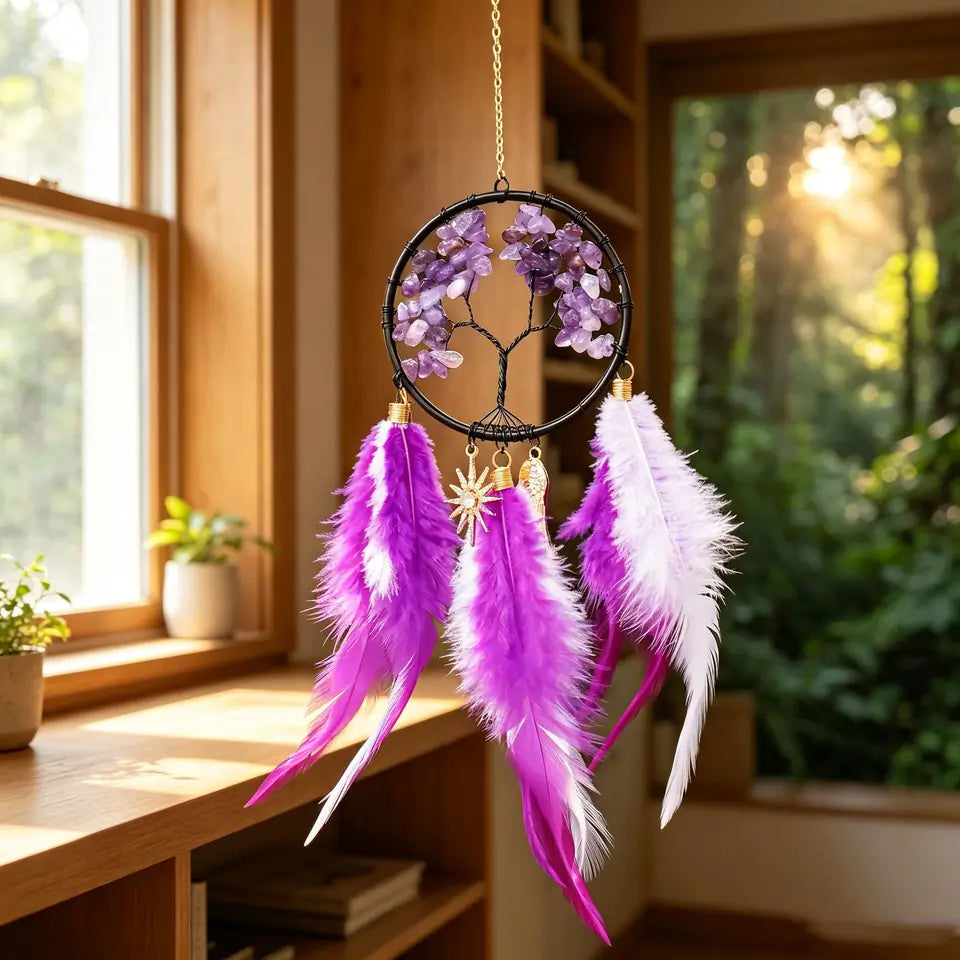Purple crystal Tree of Life hanging with black frame and feathers